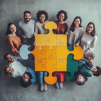 Image to represent Diversity, Equity & Inclusion: many different people holding outsize puzzle pieces.