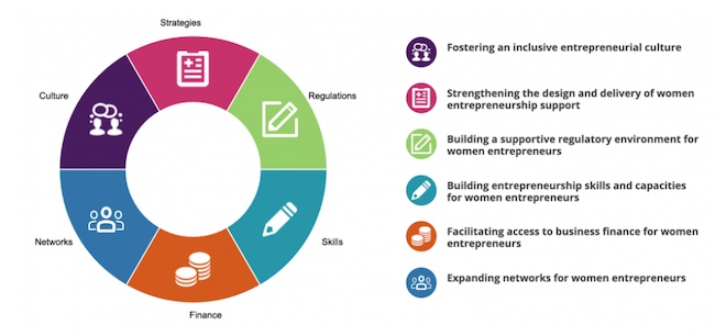 inclusive entrepreneurship for graphic showing issues confronting female founders: strategies, culture, networks, finance, skills, regulations